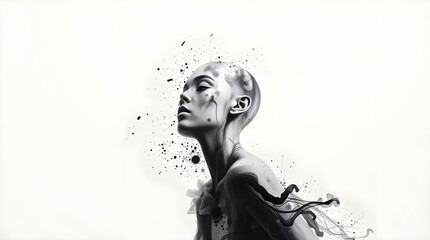 Fototapeta premium Black and white painting of a beautiful, bald and strong woman, black and grey color splashes around, Isolated on a white background, perfect for a book cover or fashion magazine