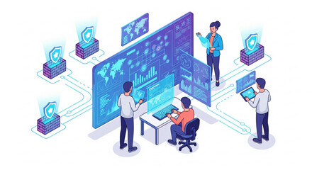 Isometric vector illustration of a cybersecurity operations center with specialists analyzing data.