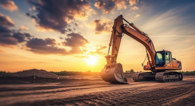Large digger vehicle parked on construction ground under colorful sunset clouds.