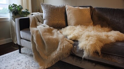 Cozy living room interior with throws and pillows