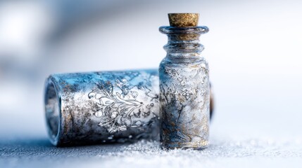 Close-up of two small glass vials with an ornamental silver pattern engraved, covered in snow and ice, on a white background. 