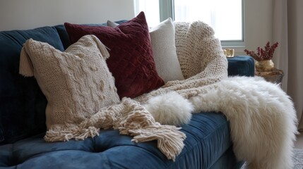 Cozy living room scene with layered throws and pillows