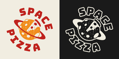 Space pizza combines cosmic vibes with delicious slices in this fun retro illustration.