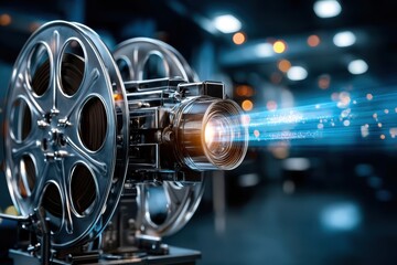 Fototapeta premium Classic film projector displaying colorful light beams in a darkened cinema setting