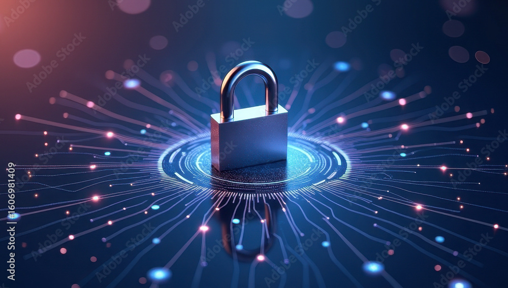 Poster metallic lock surrounded by swirling digital circuit traces against a cosmic gradient background, sy