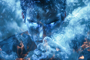 Fototapeta premium Powerful warrior controlling ice and fire elements with intense gaze