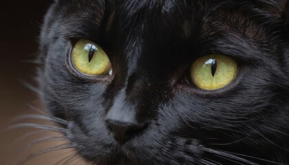 Close-up of a black cat with hypnotic green eyes staring.