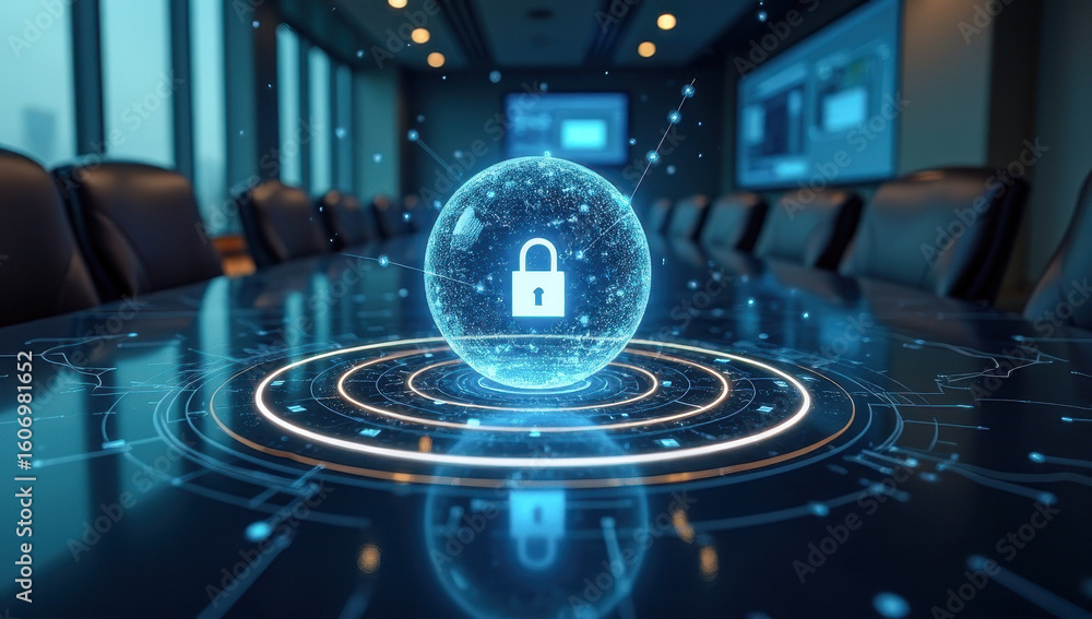 Poster multi-layer security lock with digital sphere in corporate meeting space, modern technology. linkedi