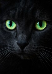 Close-up of a black cat with hypnotic green eyes staring.