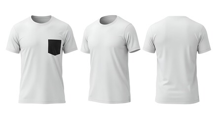 White tshirt with black pocket mockup, front and back views isolated on white