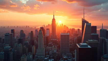 Fototapeta premium City skyline at sunset with skyscrapers in warm hues and soft lighting, inspiring LinkedIn background wallpaper concept