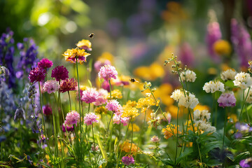 A vibrant garden filled with colorful blooming flowers and busy bees in the sunlight