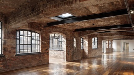 Industrial loft space with exposed brick, high ceilings, and large windows