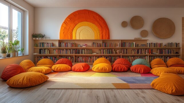 Cozy children's library with colorful seating