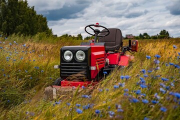 Small tractor in field with flowers
