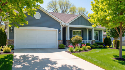Beautiful suburban home with well maintained lawn, vibrant flowers, and trees, showcasing welcoming atmosphere and modern architecture