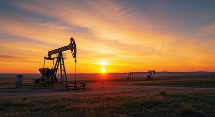 Sunrise landscape featuring working oil pumpjack on site.