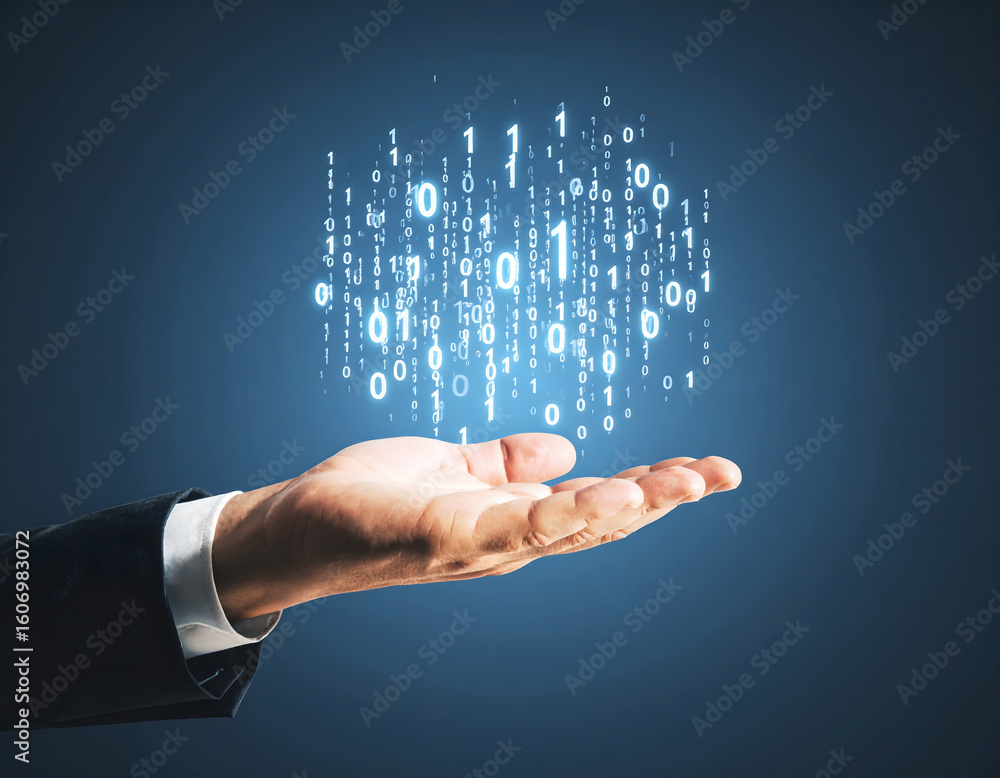 Poster conceptual digital art: hand reaching for binary data cloud