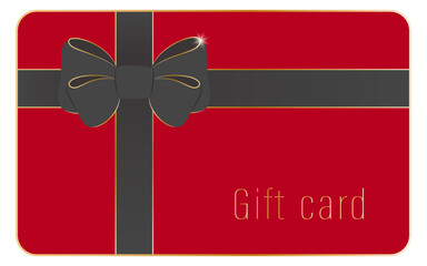 Vector template of red gift card and certificate with black bow and satin ribbon. Loyalty program, bonus card with gift for customers.