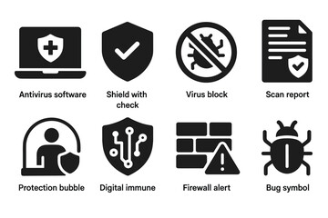 Cybersecurity icons representing antivirus software, virus block, firewall alert, and protection bubble