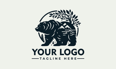 A bear silhouette logo containing a mountain landscape, trees, and a circular frame.