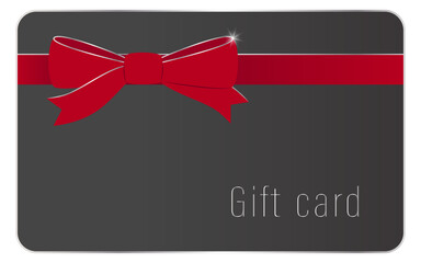 Vector template of black gift card and certificate with red bow and satin ribbon. Loyalty program, bonus card with gift for customers.