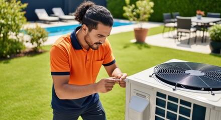 Skilled technician tightening screws on outdoor HVAC equipment in summer yard.