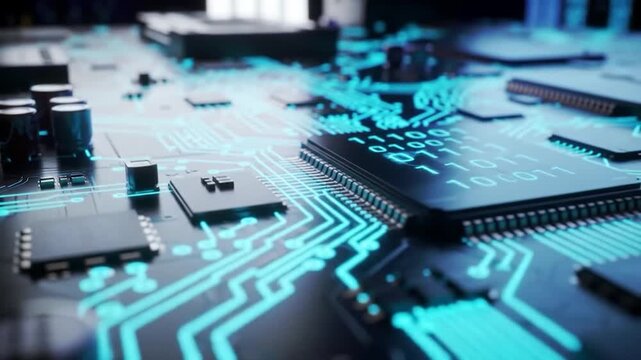 Cybernetic Circuitry: Glowing Blue Digital Data Streams Across Microchip