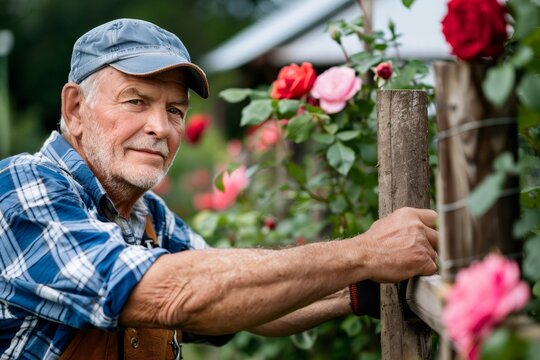 Senior man working in a colorful rose garden - Powered by Adobe