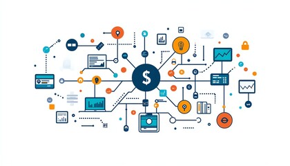 Connected fintech icons in a vector illustration, symbolizing innovative banking, mobile payment systems, digital transactions, and financial technology services