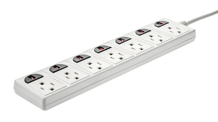 A white multi outlet power strip with individual switches and a connected cable isolated on transparent background