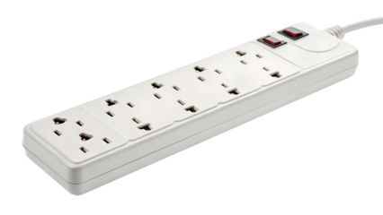 A white multi socket power strip with individual switches and a power cord isolated on transparent background