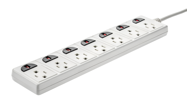 A white multi outlet power strip with individual switches and a connected cable isolated on transparent background