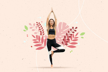 Creative photo collage of relaxed young woman standing on one leg meditating on floral background