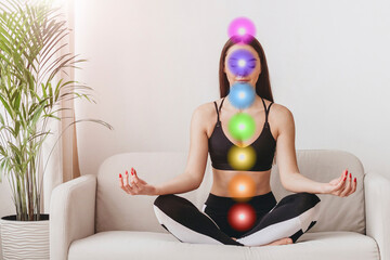 meditation at home. young woman meditates and works with chakras