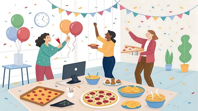 Happy diverse colleagues celebrate success with pizza and confetti at a festive modern office party, embodying teamwork and joy in a vibrant illust...