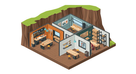 Isometric Pixel Art Multi-Room Workshop Cut into Landscape, Craft and Production Spaces
