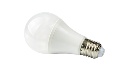 A single frosted white led light bulb with a metallic screw base captured in a studio shot isolated on transparent background