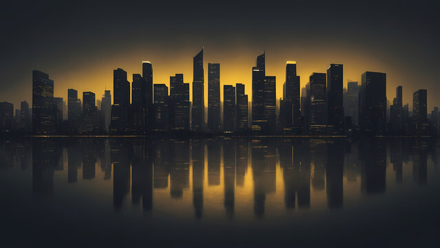 Golden sunset behind modern city skyline with perfect water reflections. Cinematic urban landscape ideal for business concepts, architectural portfolios and metropolitan lifestyle imagery