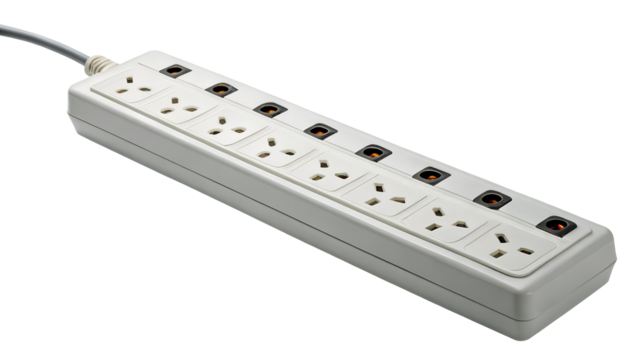 A white electrical power strip with multiple universal sockets and a black power cord isolated on transparent background