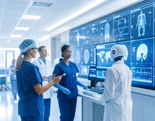 Medical Innovation: An advanced medical team in a futuristic hospital environment. They are surrounded by technological screens showcasing complex data analysis and collaborative medical practices.