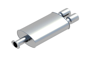 New car muffler isolated on white background. Automotive dual exhaust. Modern tail pipe for transport. Spare parts. 3d render