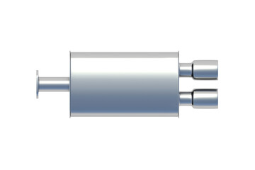 One car muffler isolated on white background. Automotive dual exhaust. Modern tail pipe for transport. Spare parts. Top view. 3d render