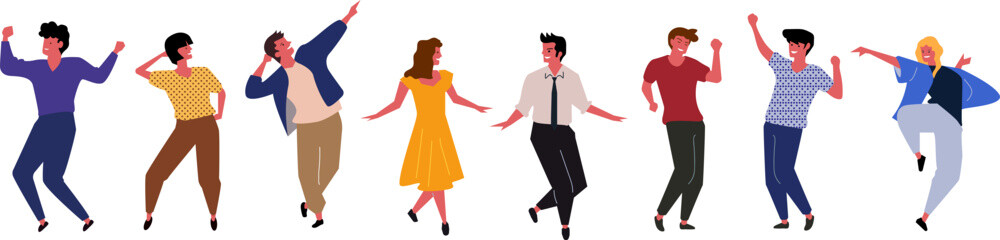 Group of young happy dancing people or male and female dancers isolated on white background.