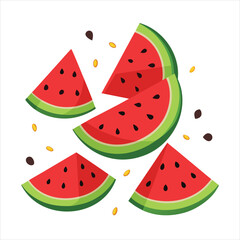 Refreshing assortment of juicy watermelon slices scattered across a white background, with scattered seeds adding to the vibrant summer theme