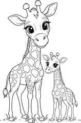 Giraffe Mother and Baby Calf. Line Art for Coloring Book.