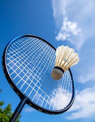 Badminton racket and shuttlecock against a bright blue sky