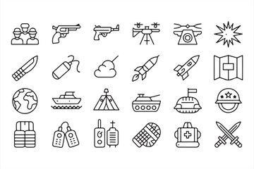 Military, Defense, and Weaponry Icons in Simple Black and White Line Style