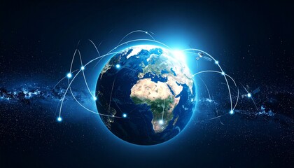 Stylized earth globe surrounded by satellites and curved light beams representing data transmission, with a cosmic space background and digital overlays."