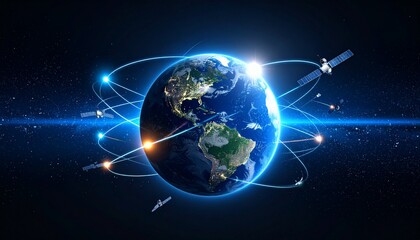 Stylized earth globe surrounded by satellites and curved light beams representing data transmission, with a cosmic space background and digital overlays."